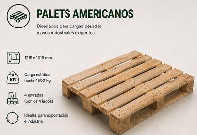 Palets americanos de madera apilados junto a una nave industrial