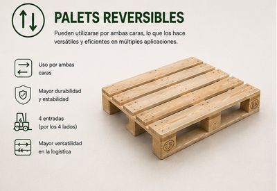 Detalle de bloques y largueros de madera de un palet reversible apilado
